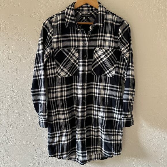 BANANA REPUBLIC Womens Plaid Soft Flannel Shirt Dress Size 2 Black White Pockets - Picture 1 of 10